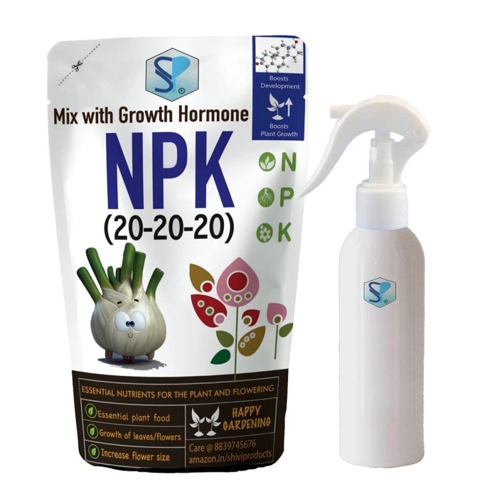 Shiviproducts NPK 20 20 20 fertilizer mixed with Root Growth Hormone for Home Garden Plants Growth and Flowering (900 gm) | Free spray bottle 200ml