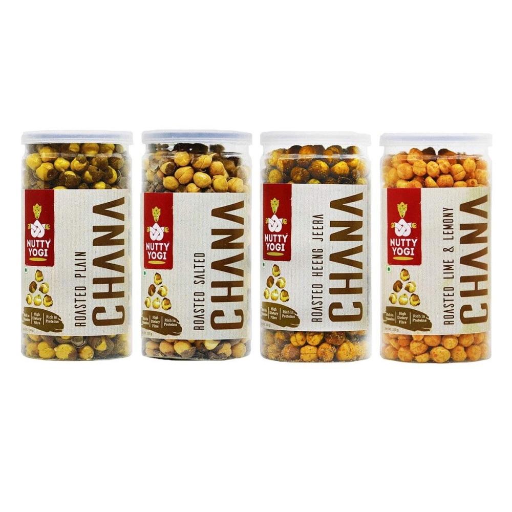 Nutty Yogi Roasted Plain, Salted, Hing, Lime & Lemony Chana (Combo Pack 4) Vegan, Indian Food And Snacks, Vegetarian, Low Fat, Rich In Minerals, Hight Dietary Fibre, Chai Tea Coffee Snack - 100 Grams