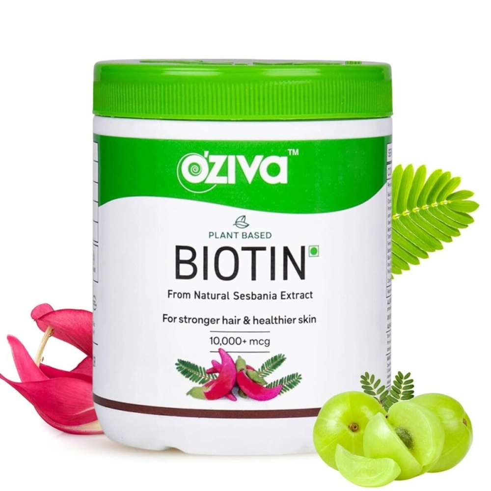 OZiva Plant Based Biotin For Hair Growth 10000Mcg+ With Amla For Men & Women, Biotin Supplement To Support Hairfall Control & Healthier Skin, Certified Clean & Vegan, 125 Gm