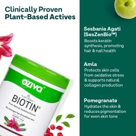OZiva Plant Based Biotin For Hair Growth 10000Mcg+ With Amla For Men & Women, Biotin Supplement To Support Hairfall Control & Healthier Skin, Certified Clean & Vegan, 125 Gm