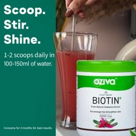 OZiva Plant Based Biotin For Hair Growth 10000Mcg+ With Amla For Men & Women, Biotin Supplement To Support Hairfall Control & Healthier Skin, Certified Clean & Vegan, 125 Gm