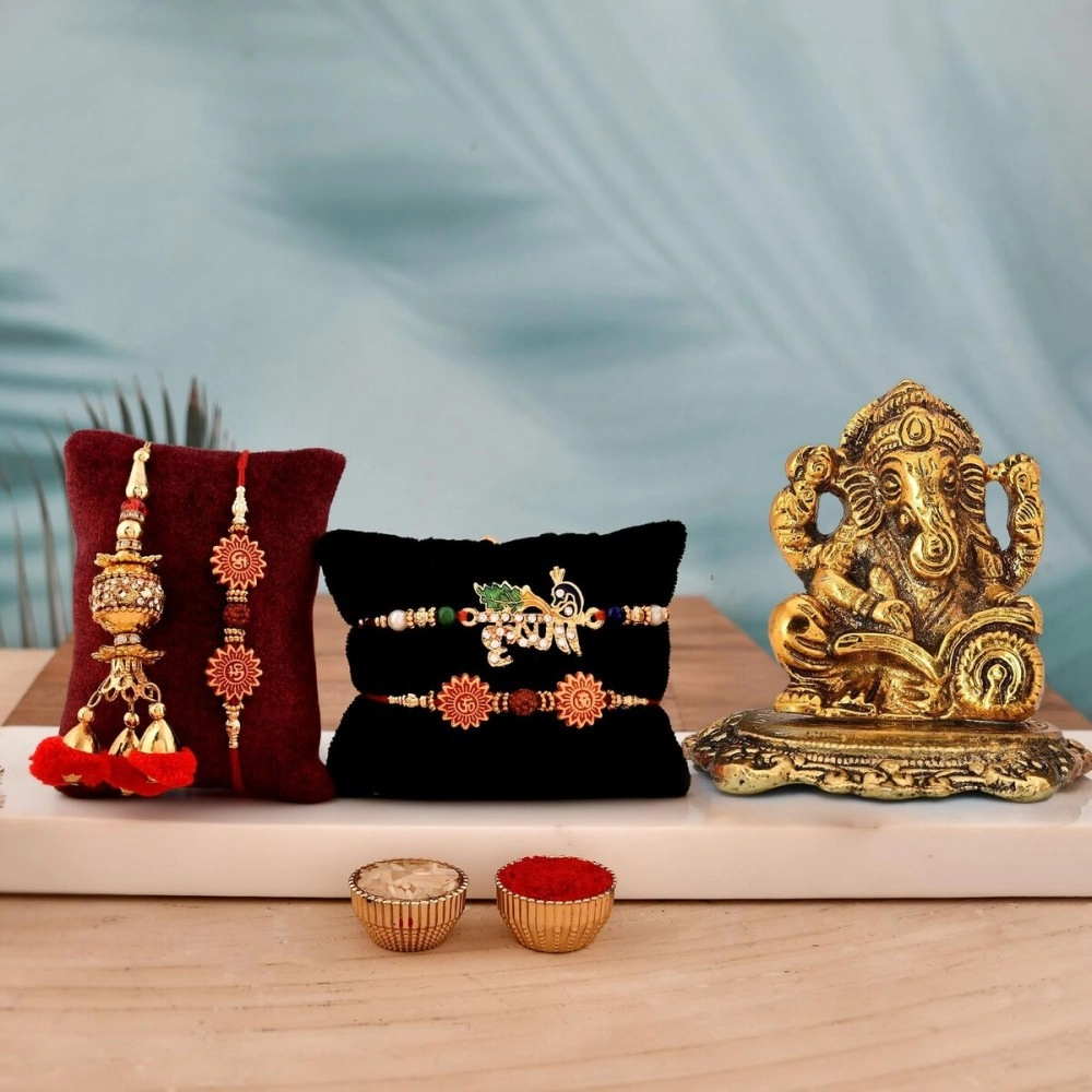 Collectible India Rakhi Gift for Brother and Bhabhi,Rakshabandhan Gifts Combo for Brother Set - Rakhi for Rakshabandhan Gifts for Bhaiya Bhabhi - Ganesh Idol Showpiece, Lumba Rakhi, Krishna Rakhi