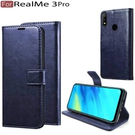 CEDO PU Leather Magnetic Flip Cover Wallet Back Cover Case for RealMe 3 Pro (Blue)