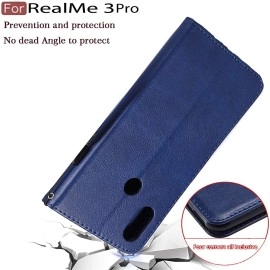 CEDO PU Leather Magnetic Flip Cover Wallet Back Cover Case for RealMe 3 Pro (Blue)
