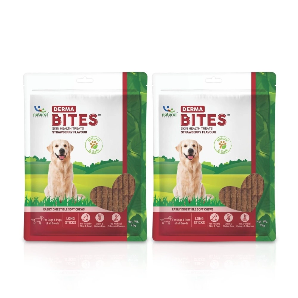 Natural Remedies Derma Bites - Soft Chews Long Sticks for Dogs & Puppies, Supports Healthy Skin & Coat, Gluten-Free, Strawberry Flavor, Easily Digestible Treats for All Life Stages, 75g (Pack of 2)