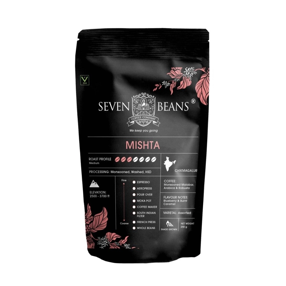 Seven Beans Coffee Company\'s Mishta |Medium Roast | Single Origin |Monsooned Malabar Blend |Gourmet Indian Coffee - 250 g (South Indian Filter Grind)