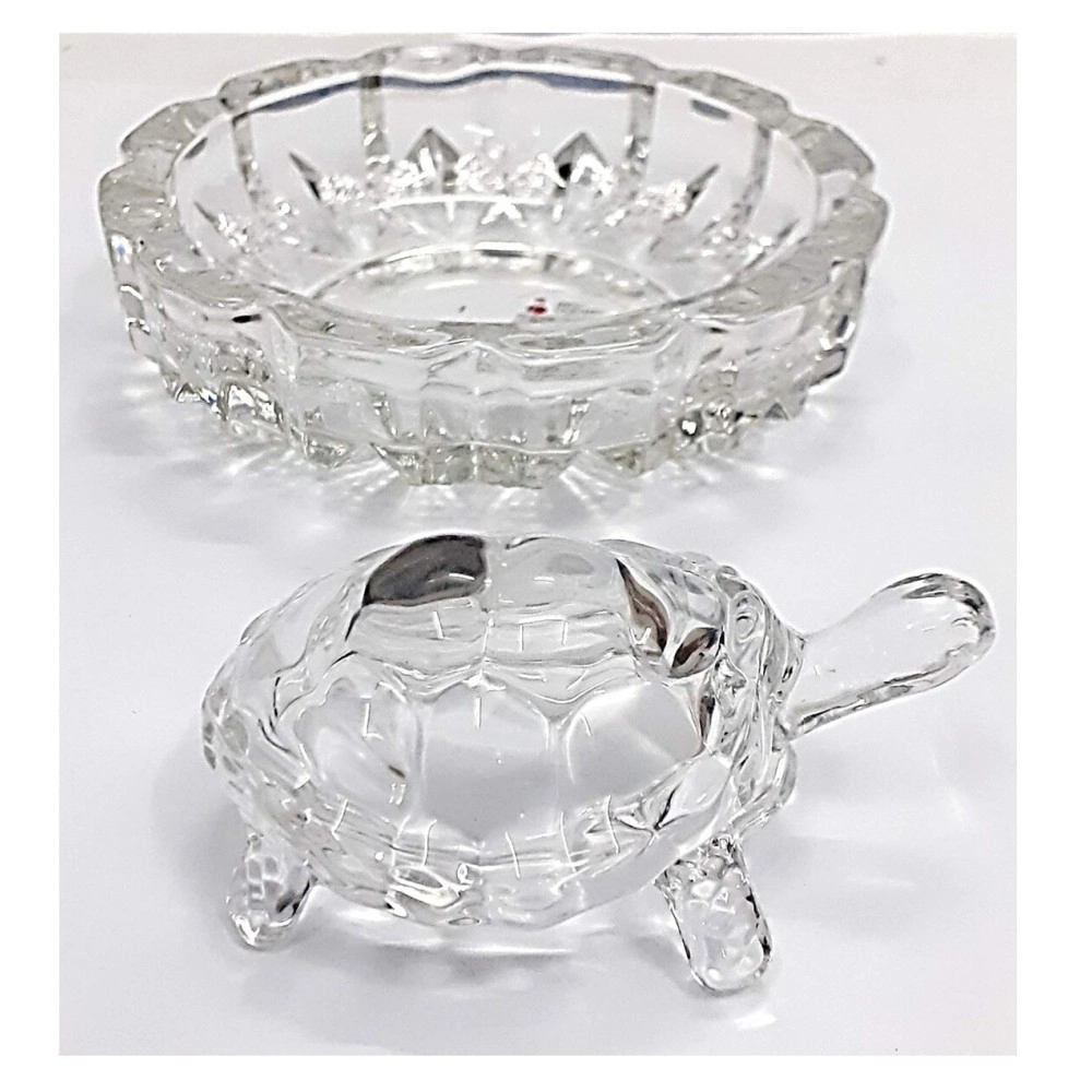 Decoration Homey Glass Crystal Turtle Tortoise with Plate for Feng Shui and Vastu (Transparent, 4.5 x 1.5 Inch)