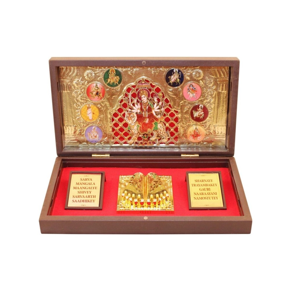 GoldGiftIdeas 24K Gold Plated NavDurga Photo Frame with Charan Paduka, Durga Maa Wooden Momento Gift (Devi Mantra), Return Gift for Pooja, Religious Frame for Worship