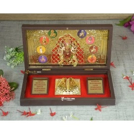 GoldGiftIdeas 24K Gold Plated NavDurga Photo Frame with Charan Paduka, Durga Maa Wooden Momento Gift (Devi Mantra), Return Gift for Pooja, Religious Frame for Worship