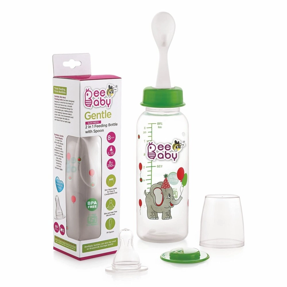 Beebaby Gentle 2 in 1 Polypropylene Standard Neck Baby Feeding Bottle with Feeder (Plastic) Spoon. (Green, 250ml)