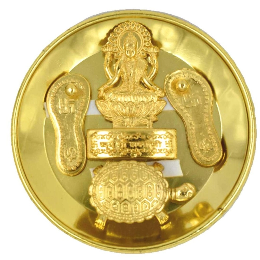 Faynci Combo of Laxmi Charan Paduka, Wish Fulfilling Tortoise, Jay MATA Laxmi Frame on Plate, Fengshui, Diwali Auspicious Items Pooja Kit