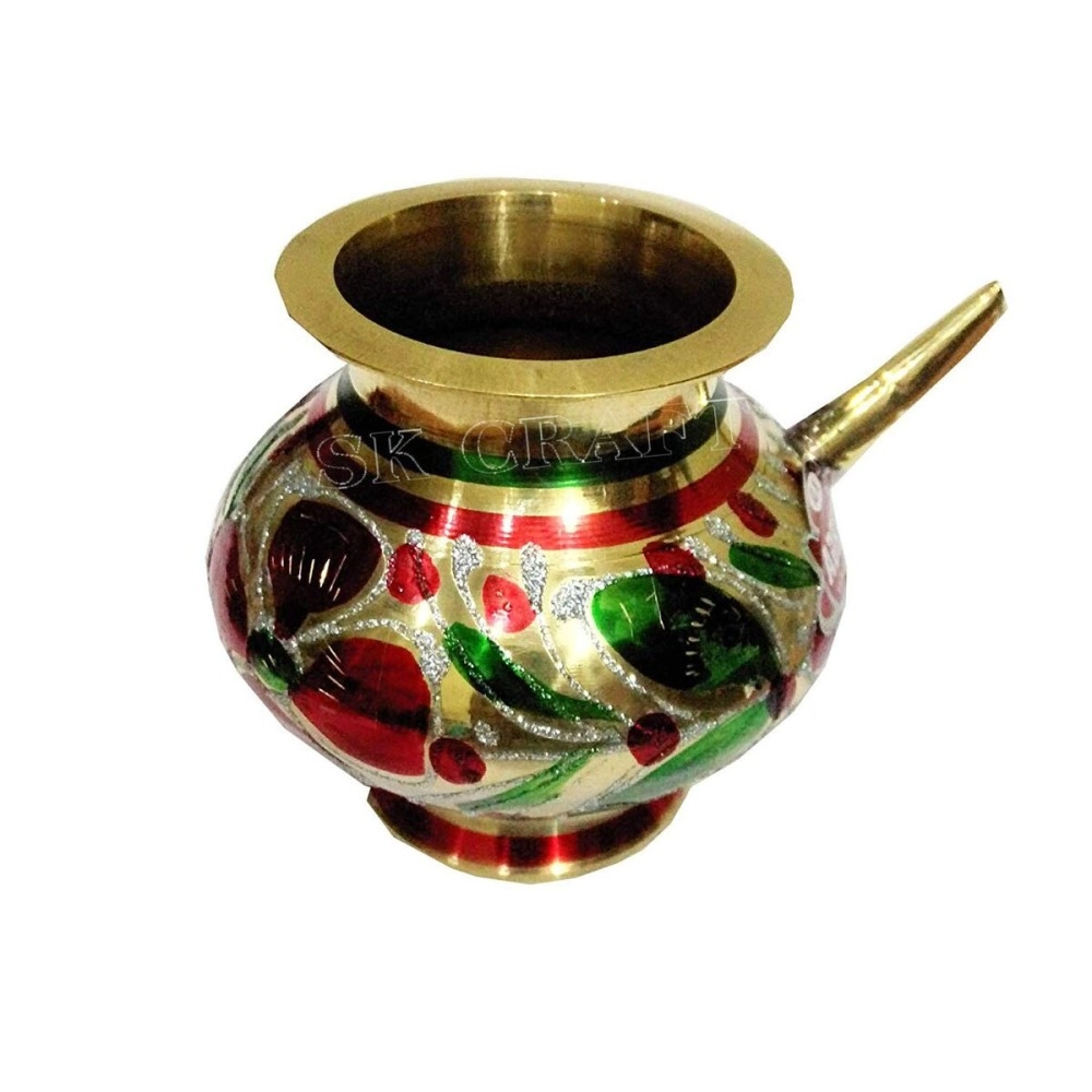 SK Craft Decorated Colorful Meenakari Pooja Golden Karwa,karwa chauth lota, karwa chauth Set,karwa,karwa lota Silver,karwa lota Copper, karwa lota Brass, lota, Brass lota 4 Inches