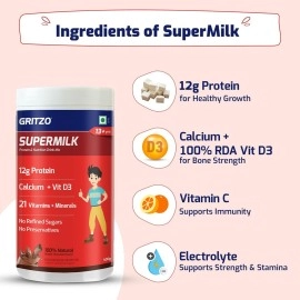 Gritzo SuperMilk Overall Growth (13+y Boys), 12g Protein Powder (Double Chocolate, 400g) | Zero Refined Sugar, 21 Vitamins & Minerals