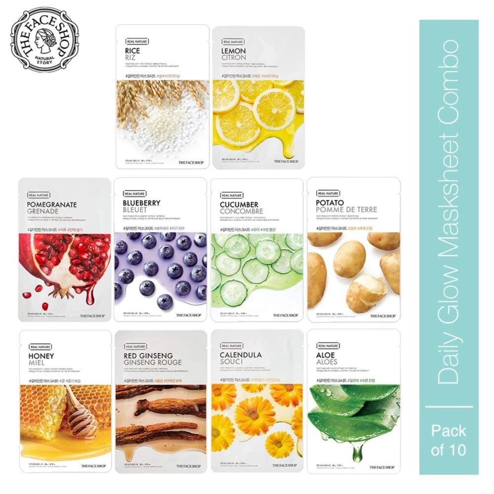 The Face Shop Real Nature Daily Glow Mask Sheet, 200 g Unisex Combo Pack of 10, Multi