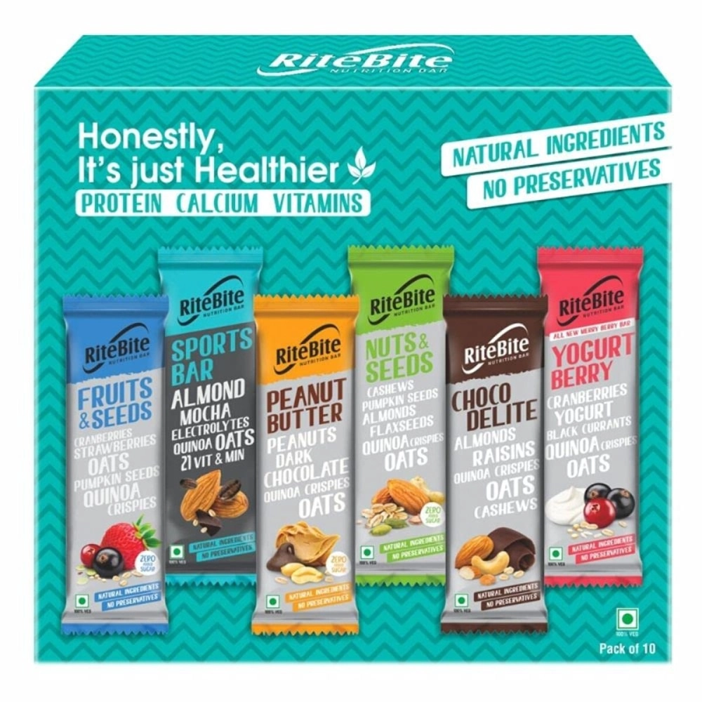 RiteBite 4g Protein Bar, Assorted Pack | With Quinoa, Oats | No Cholesterol & Trans Fat Energy Bar, 35g (Pack of 10)
