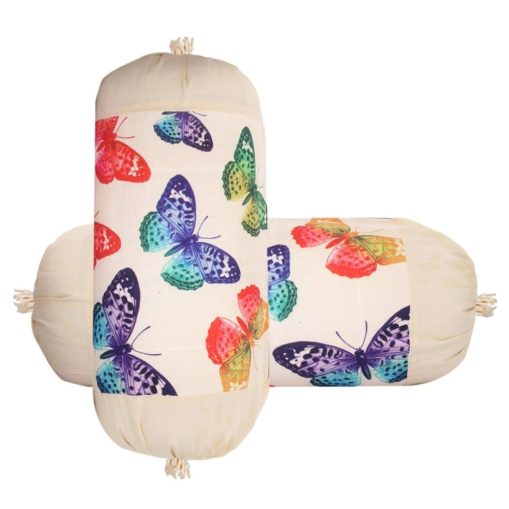 Kuber Industries Butterfly Design Cotton 2 Pieces Bolster Cover Set (Cream)