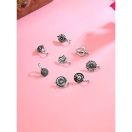 Yellow Chimes Beautiful Classic Designs Non- Piercing 8 Pcs Combo By Yellow Chimes Nose Ring For Women (Oxidized Silver) (Yctjnp-01Oxd8Ps-Sl)