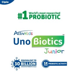 Cipla ActivKids Unobiotics Junior With 5X More Probiotic Activity | Helps Build Immunity & Refills Good Bacteria | Probiotics for Kids - 10 Sachets