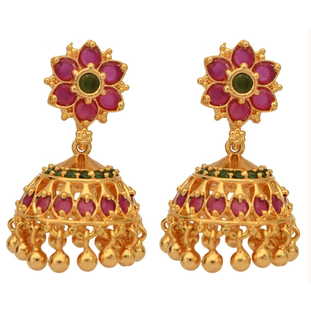 Radha\'s Creations ruby jhumkas MEDIUM LARGE for girls and women one gram gold traditional gold design push type opening