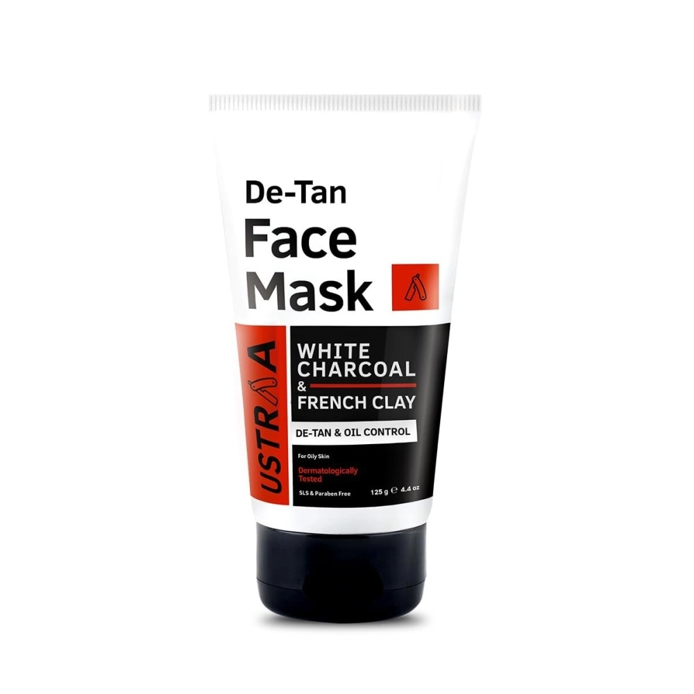 Ustraa De-Tan Face Mask - Oily Skin - 125 g - Tan & Pollution removing wash-off face mask for men, with highest grade White Charcoal, Cleansing for oily skin - Made in India