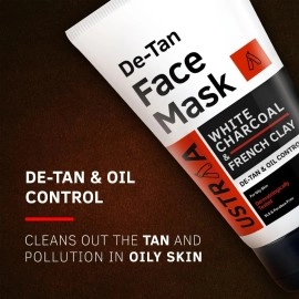 Ustraa De-Tan Face Mask - Oily Skin - 125 g - Tan & Pollution removing wash-off face mask for men, with highest grade White Charcoal, Cleansing for oily skin - Made in India