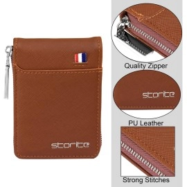Storite PU Leather 9 Slot Vertical Credit Debit Card Holder Money Wallet Zipper Coin Purse for Men Women - LightBrown (11.5 x 1.75 x 8 cm)