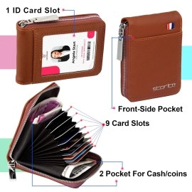 Storite PU Leather 9 Slot Vertical Credit Debit Card Holder Money Wallet Zipper Coin Purse for Men Women - LightBrown (11.5 x 1.75 x 8 cm)