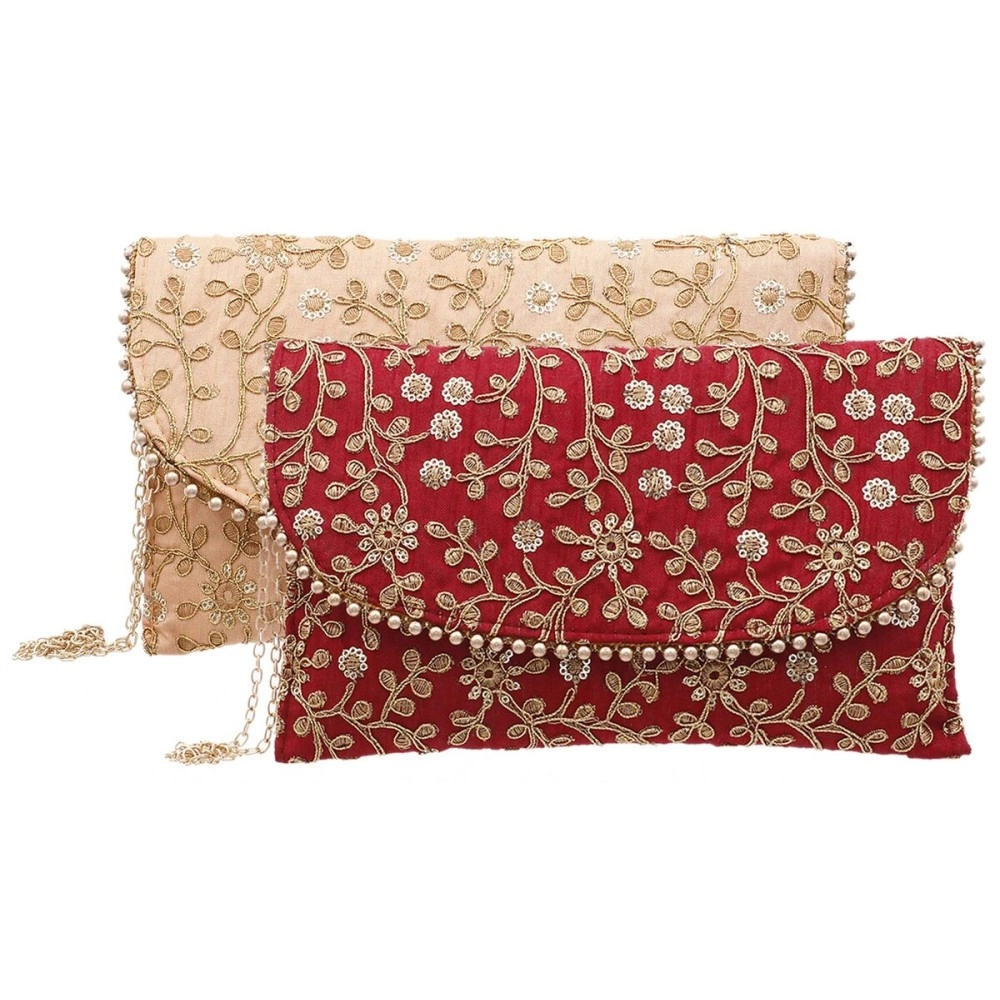 Kuber Industries Handcrafted 2 Pieces Embroidered Party Wear Clutch Bag Purse Handbag For Bridal, Casual, Party, Wedding (Maroon & Peach) - CTKTC34524