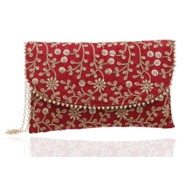Kuber Industries Handcrafted 2 Pieces Embroidered Party Wear Clutch Bag Purse Handbag For Bridal, Casual, Party, Wedding (Maroon & Peach) - CTKTC34524