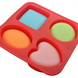 Inditradition 4 Cavity Silicon Soap Cake Making Mould | 4 Shapes, Circle, Square, Oval and Heart (Random Colour)