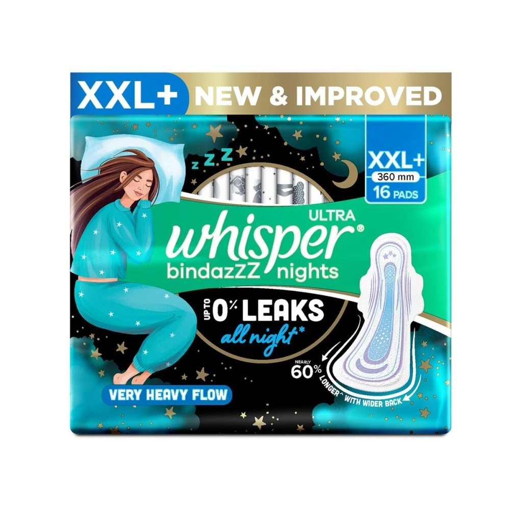 Whisper Bindazzz Night Sanitary Pads|Pack of 16 Thin Pads|XXL+|Upto 0% Leaks|60% Longer & Wider Back|Dry Top Sheet|Long Lasting Coverage|Faster Absorption|36 Cm Long|with Disposable Wrap