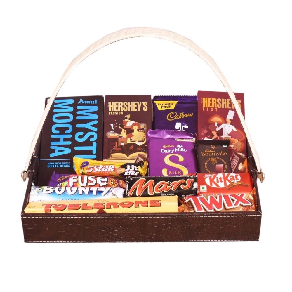 FOOD LIBRARY THE MAGIC OF NATURE Birthday/Anniversary/Christmas/Valentines/Diwali Chocolate Gift Hamper (Chocolates In Leather Basket),600 Gram