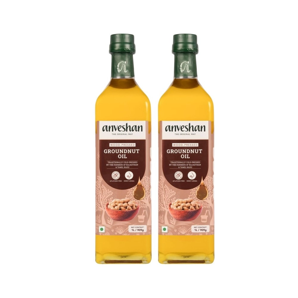 Anveshan Wood Pressed Groundnut Oil, 2Ltrs (2x1000ml each Glass Bottles Packaging) | Kolhu/Kacchi Ghani/Chekku/Ganuga | Peanut Oil | Natural | Chemical-Free | Cold Pressed Groundnut Oil for Cooking
