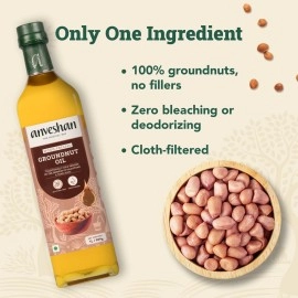 Anveshan Wood Pressed Groundnut Oil, 2Ltrs (2x1000ml each Glass Bottles Packaging) | Kolhu/Kacchi Ghani/Chekku/Ganuga | Peanut Oil | Natural | Chemical-Free | Cold Pressed Groundnut Oil for Cooking