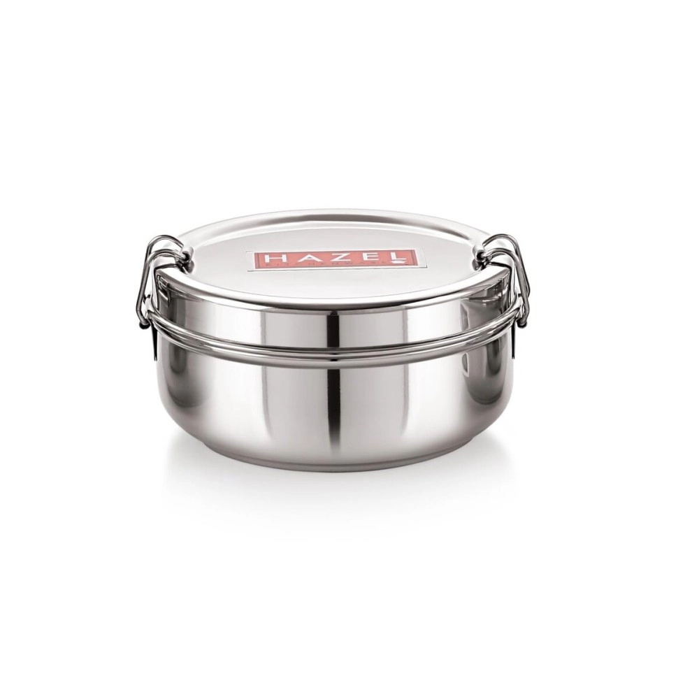 HAZEL Steel Tiffin Box for Office | 500 ml Stainless Steel Lunch Box with Inner Plate | Traditional Design Glossy Finish Steel Lunch Box