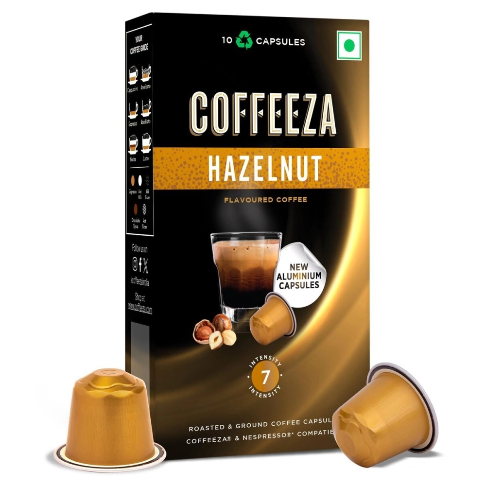 COFFEEZA Hazelnut Flavoured Aluminium Capsules, Intensity 7, Nespresso Compatible Pods Box Of 1 (10 Capsules)