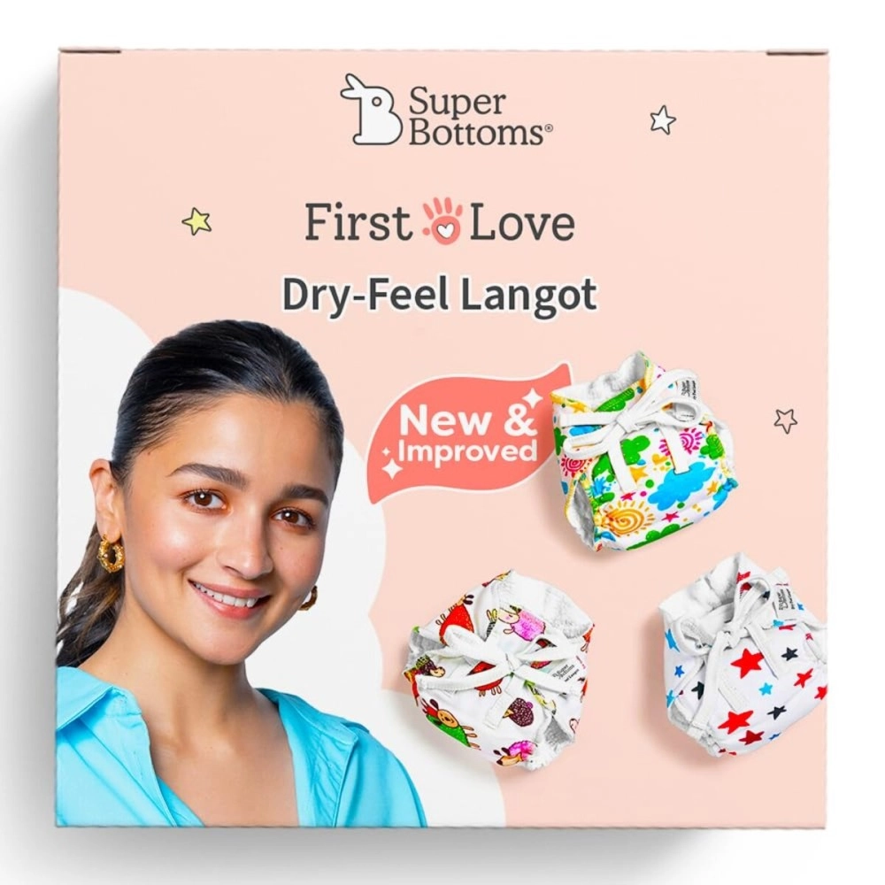 SuperBottoms Dry Feel Langot - Pack of 3-Organic cotton padded langot/nappy with gentle elastics & a SuperDryFeel Layer on top (printed, Size 2)