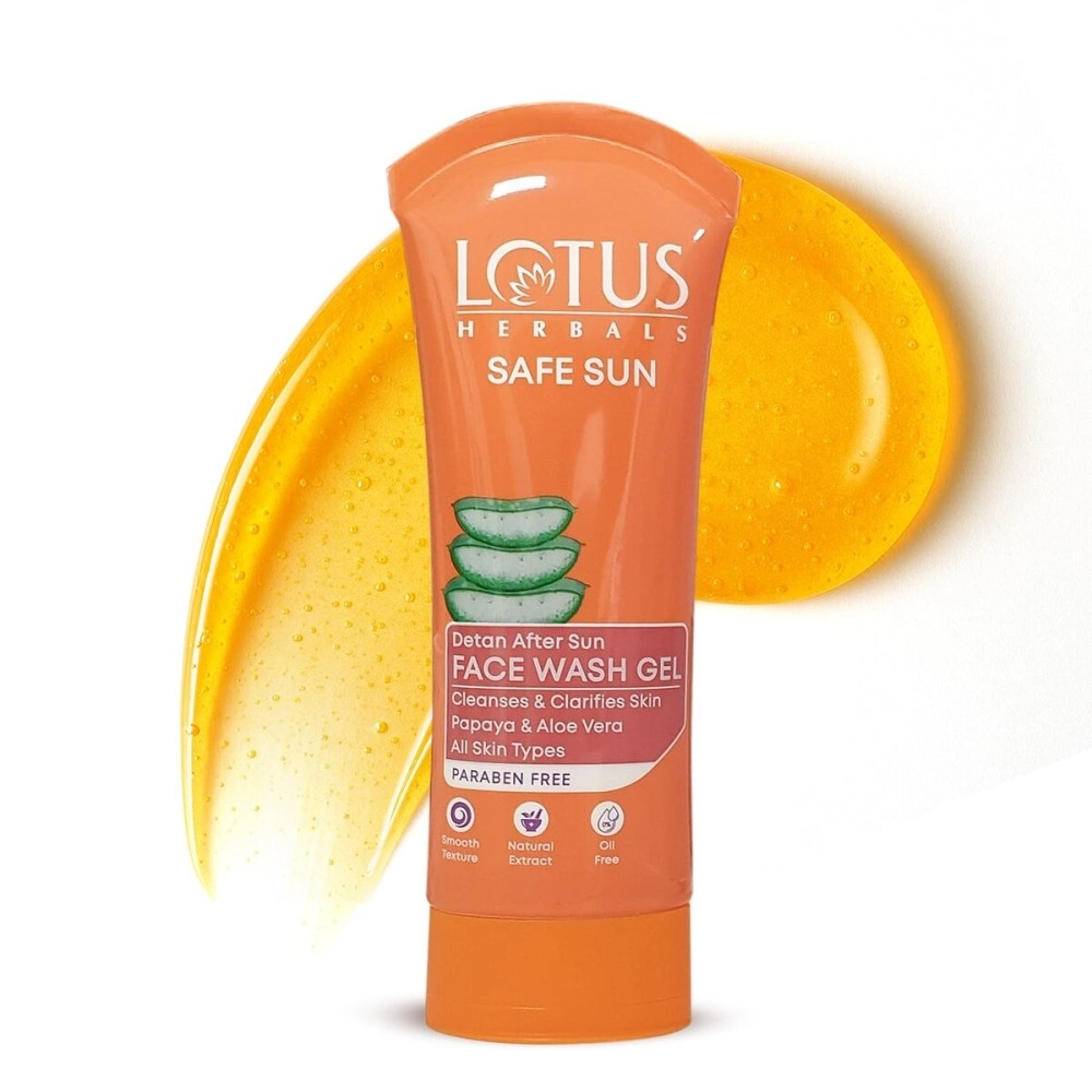 Lotus Herbals Safe Sun DeTAN After-Sun Face Wash Gel | Papaya & Aloe Vera |Preservative free, enriched with natural actives| All Skin Types | 100g