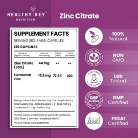 HealthyHey Nutrition Zinc Citrate, Supports Immune and Immunity - 120 Veg Capsules