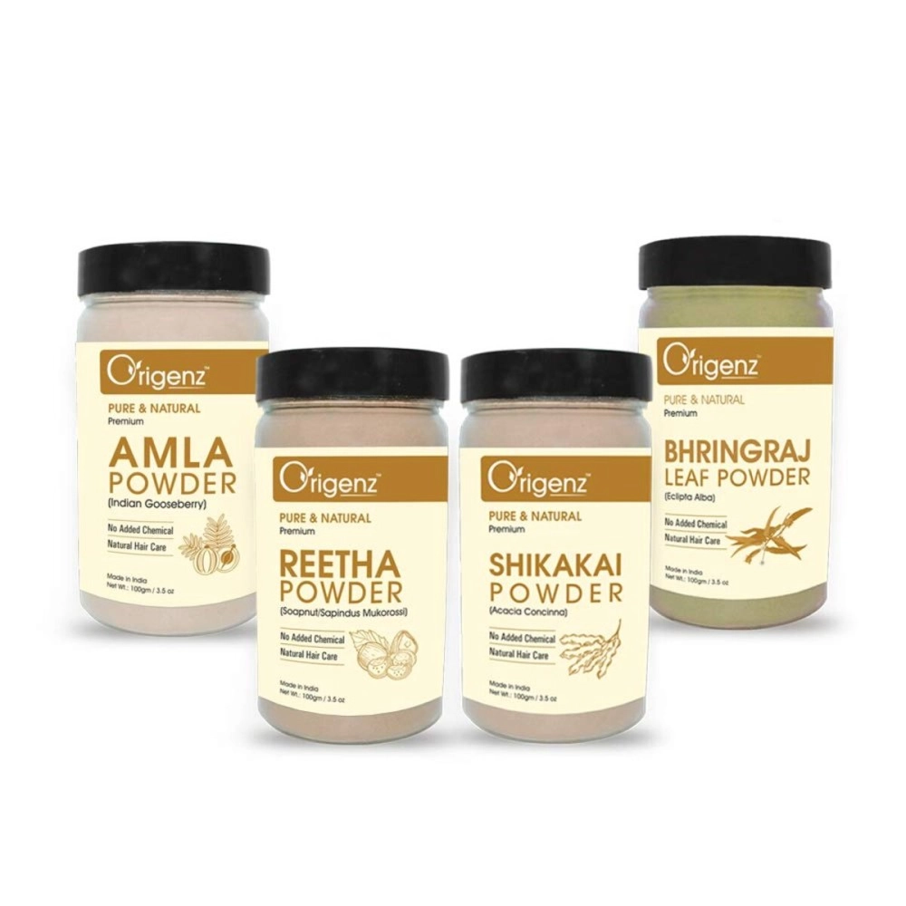 Origenz Premium Amla Reetha Shikakai Bhringraj Powder Combo Pack for Healthy Hair (100gm, Pack of 4)