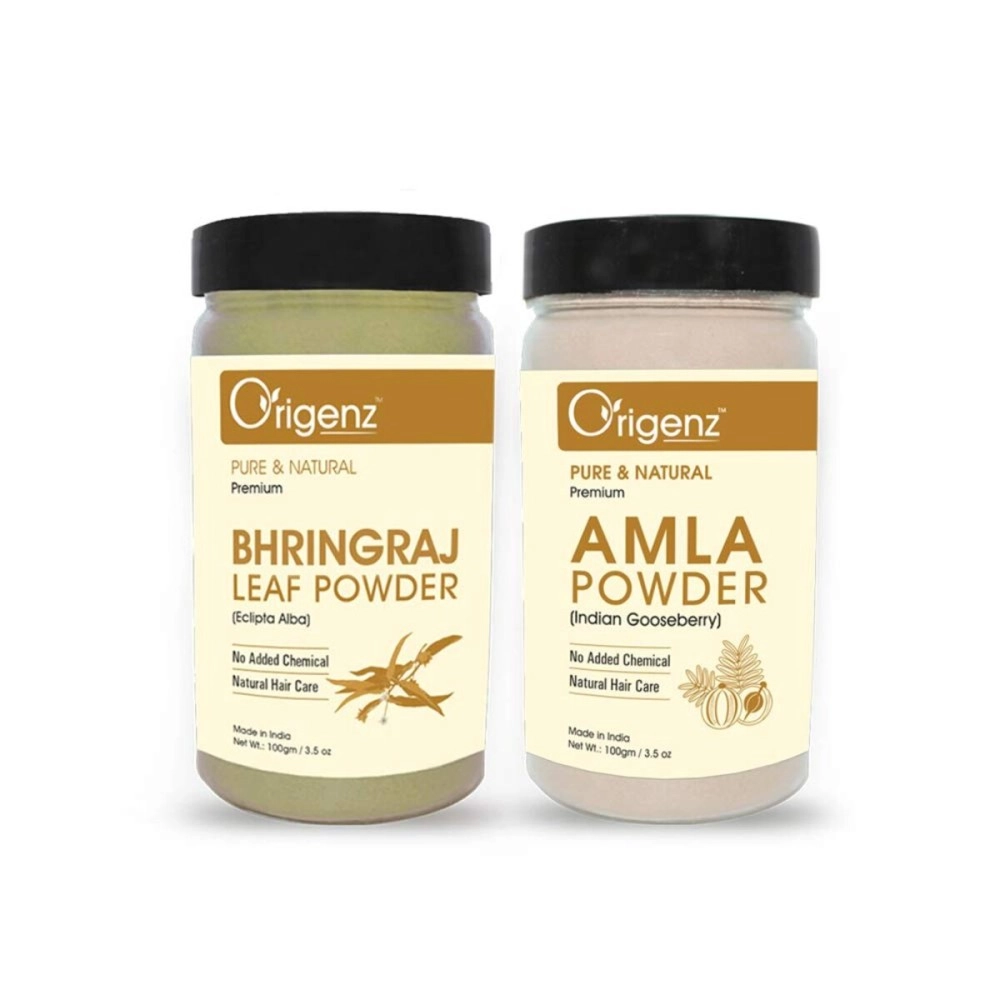Origenz Natural Hair Care 2 Powders Combo 200 gm - Amla and Bhringraj Powder for Mask, Pack, Anti-Dandruff, Shine | In Jar (100gm X 2)