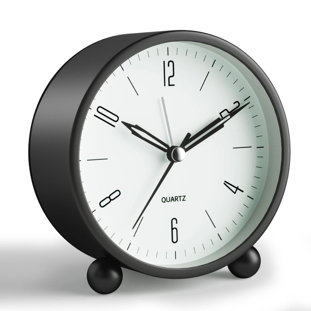 JALL Analog Alarm Clock, 4 Inch Super Quiet, Non-Ticking, Small Clock with Night Light, Battery Operated, Simple Design for Bedside Table, Desk, Black