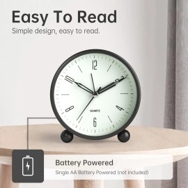 JALL Analog Alarm Clock, 4 Inch Super Quiet, Non-Ticking, Small Clock with Night Light, Battery Operated, Simple Design for Bedside Table, Desk, Black