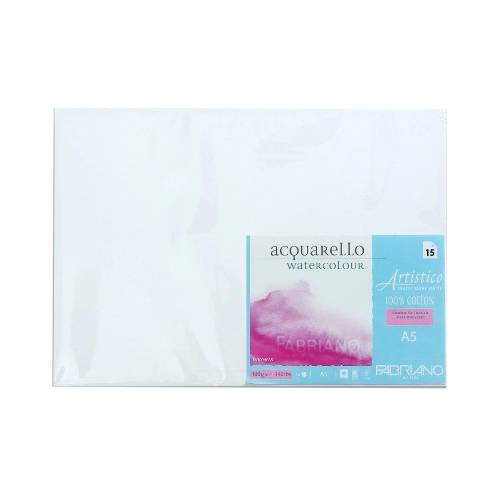 Fabriano Artistico Traditional White Watercolour paper, 100% cotton - Hot Pressed, 300 GSM, Size A5, 15 Sheets|Ideal for watercolour, drawing, with tempera, gouache, acrylic, ink, charcoal, graphite.