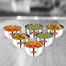 Sumeet Heavy Gauge Stainless Steel Big Size Apple Bowl/Wati/Katori with Mirror Finish - 9.8cm Dia, set of 6pc, 300ML Each