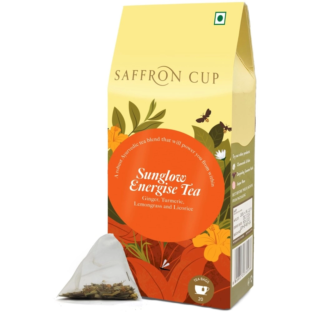 Sunglow Energize (Ginger & Turmeric) by Saffron Cup - 20 Pyramid Tea Bags | Perfect for Iced Tea & Summer Wellness | Caffeine-Free Blend with Lemongrass, Orange Peel & Licorice