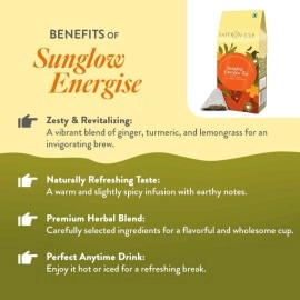 Sunglow Energize (Ginger & Turmeric) by Saffron Cup - 20 Pyramid Tea Bags | Perfect for Iced Tea & Summer Wellness | Caffeine-Free Blend with Lemongrass, Orange Peel & Licorice