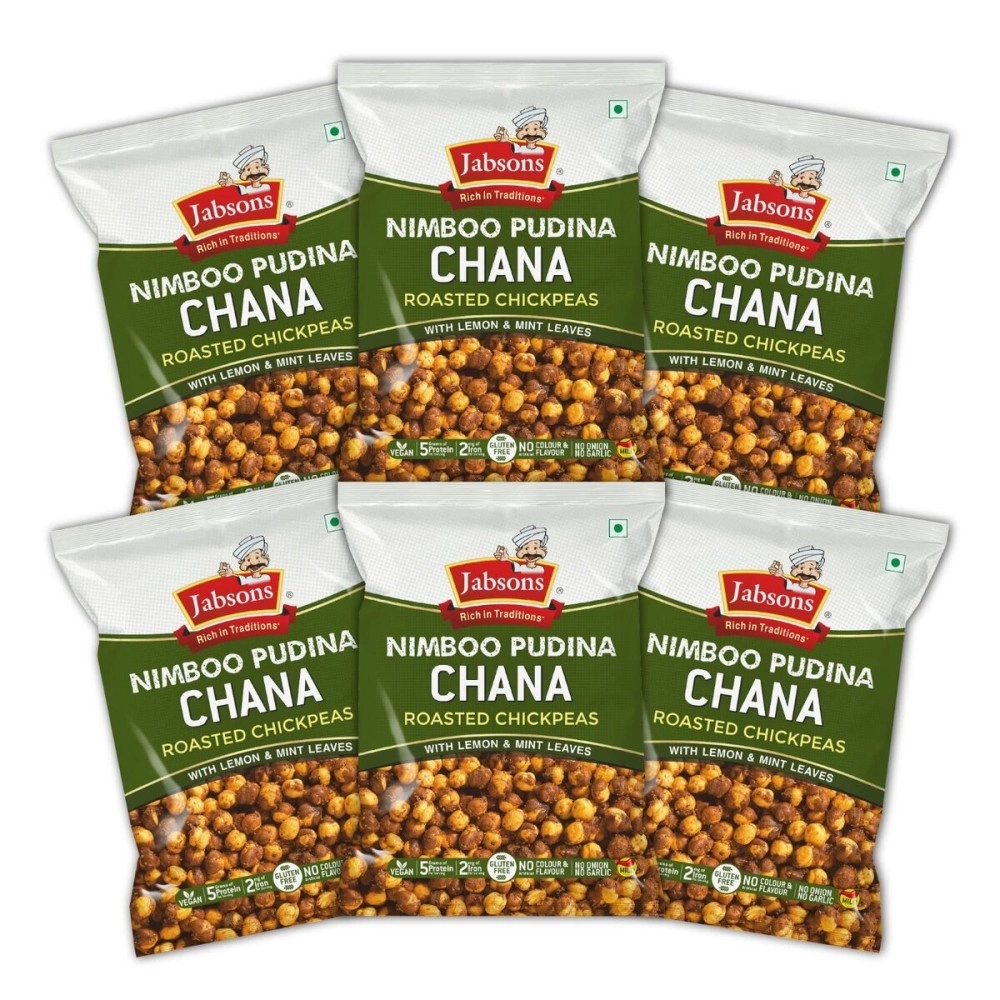 Jabsons Roasted Chana Nimboo Pudina, 150Gm, Pack Of 6, 100% Roasted, No Onion No Garlic, Desi Chana Roasted Chana Namkeen Snacks Gluten-Free, Crunchy Protein Snacks Bhuna Chana Ready To Eat