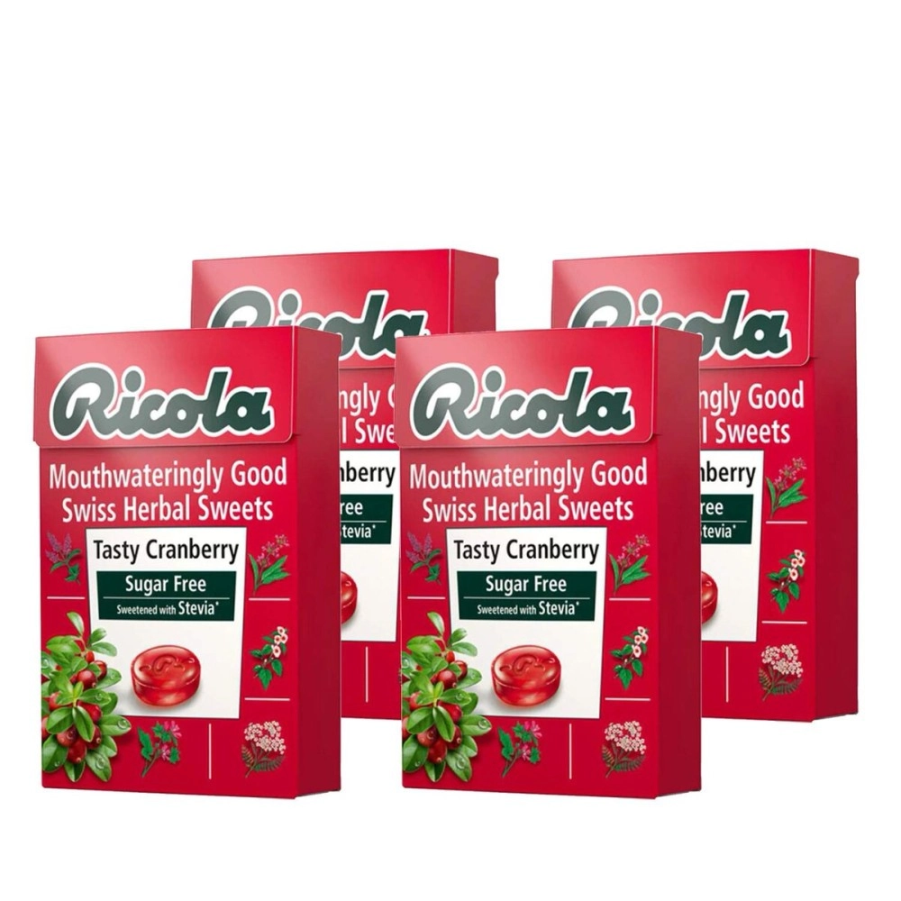 Ricola Tasty Cranberry Swiss Herb Lozenges Sugar Free Candy - 4 Pack, 4 x 45 g