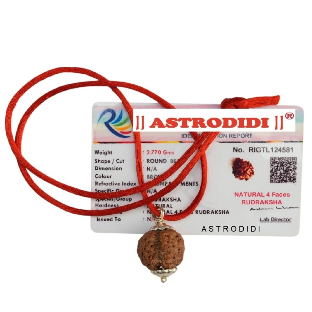 ASTRODIDI 4 Mukhi Rudraksha Pendant with Lab Certified | Nepali Four Face Original Rudraksh | Astrological Benefits | Unisex Design for Men & Women Boys and Girls, Standard, Rudraksha, No Gemstone